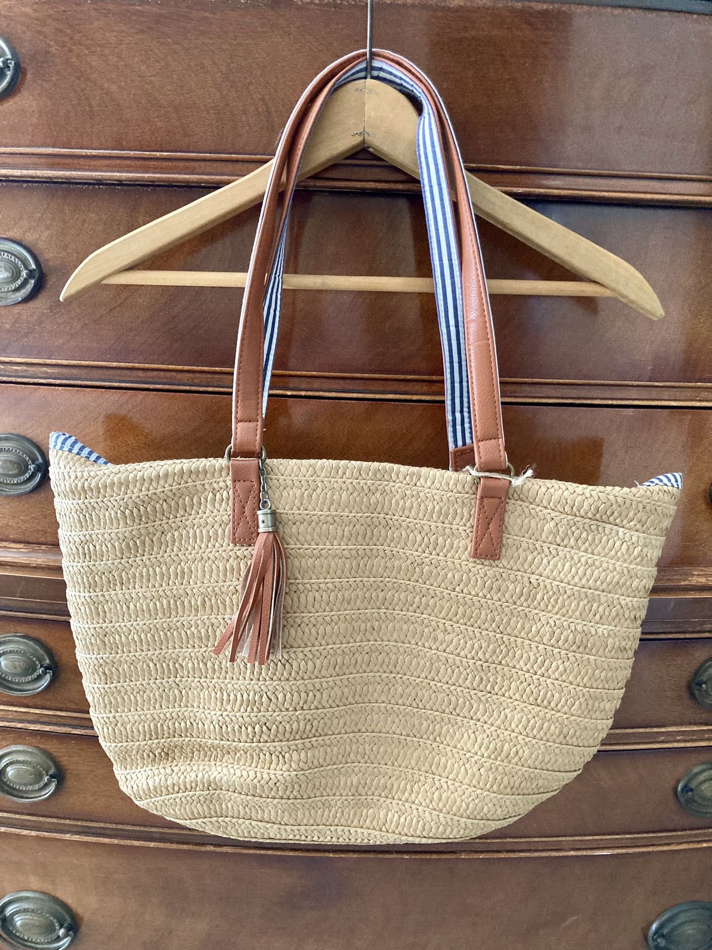 Woven Tote Bag With Tan Vegan Leather Straps