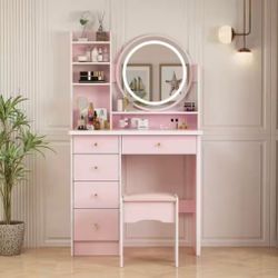Pink Makeup Vanity Set With Stool