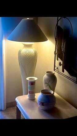Elegant/Mint Leaf Embossed Floor Lamp and Matching Decorative Pots