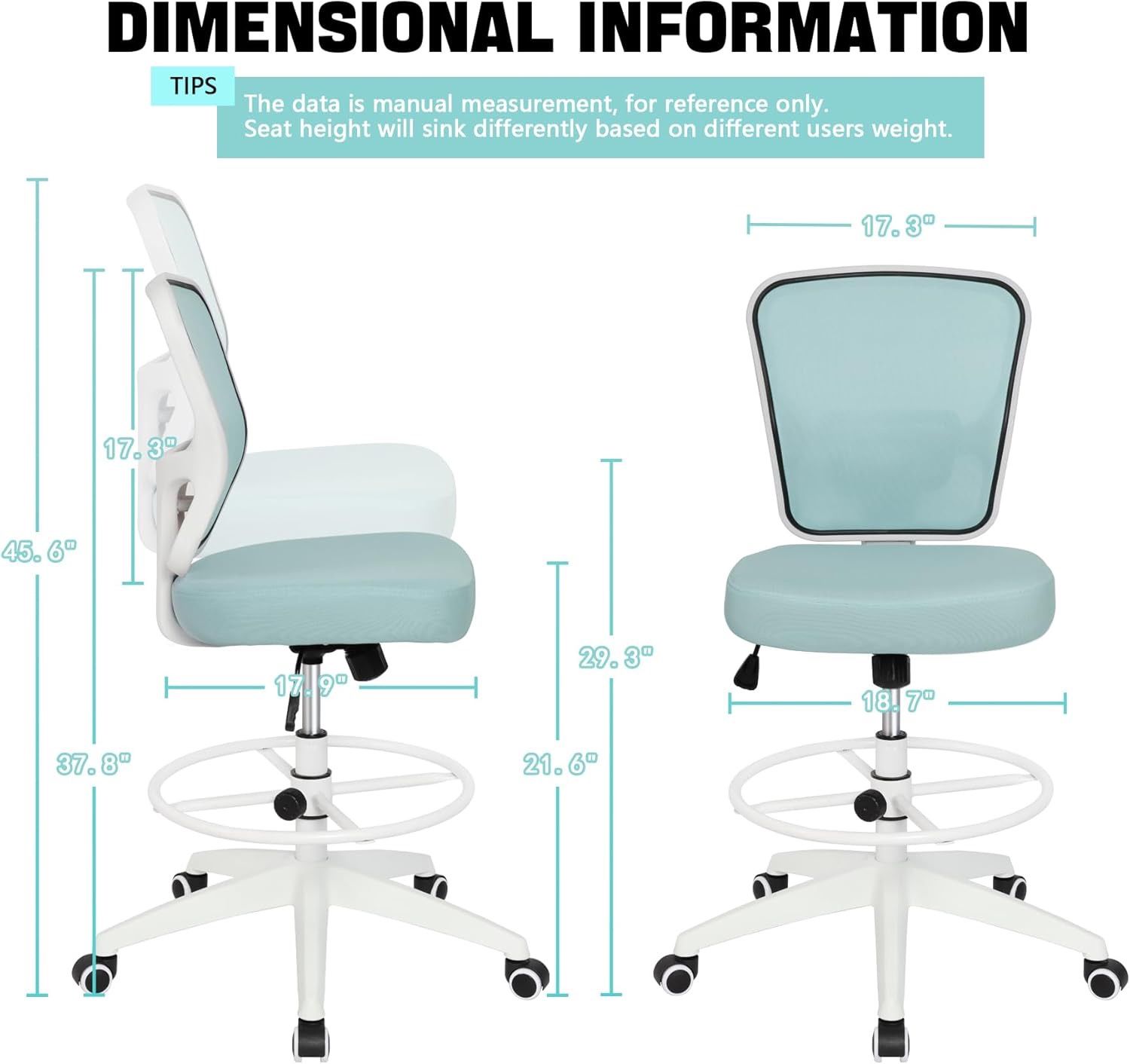 HYLONE Drafting Chair Adjustable Height Tall Office Chairs Standing Desk Chair Rolling Stool Chair Armless Office Drafting Chair Blue