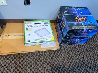 LED ceiling light and two new boxes of wavy ceiling lights and shelf brackets