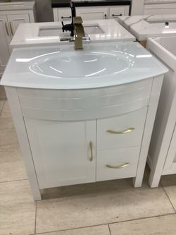 30” bathroom vanity cabinet new pvc with tempered glass top sink integrated ready for pick up today