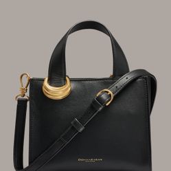 NWT Donna Karan Hewlett Leather Top Handle Buckle Crossbody Black/Gold