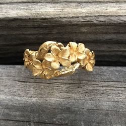 14K Solid Yellow Gold Hawaiian Plumeria Ring Size 7-1/2