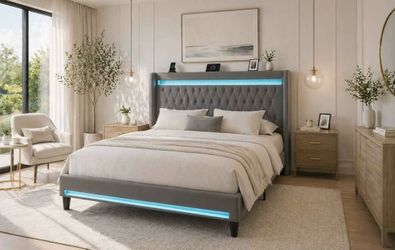 Full bed Size LED Bed Frame with Charging Station, Velvet Upholstered Platform Bed with High Wingback Headboard, No Box Spring Needed, Easy Assembly, 