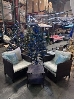 New Assembled PE Wicker Rattan Outdoor Lounge Chairs with Soft Cushions 2 Ottoman&Glass Table (throw Pillow Not Included)