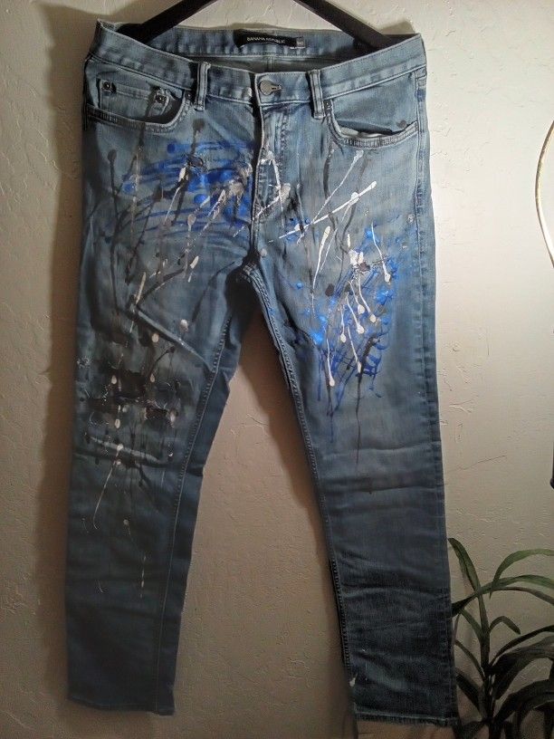Banana Republic Designer(Sz 33x34) Custom Distressed Slim Straight ( w/ Blk/White/Blue Splatter Paint)