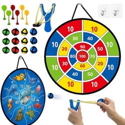 Kids Dart Board Game Toys: Double Sided Dartboard Set with 1 Slingshot 12 Sticky Balls 6 Dart Bullets - Indoor Outdoor Sport Play - Fun Throwing Targe