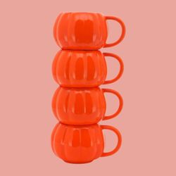 Set of 4 Orange Pumpkin Ceramic Mugs