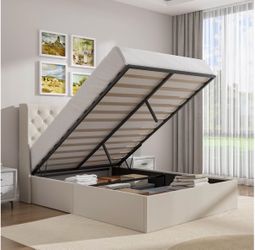 Queen bed frame with storage and hydraulic lift