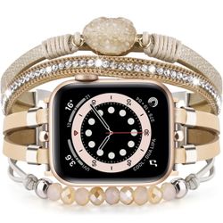 VISOOM Beaded Boho Bracelet Compatible for Apple Watch Band 38/40/41/42mm Series 10 11 Women Leather Fashion Cute Handmade Multilayer Wrap Watch Strap