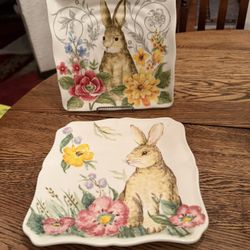 2 Maxcera Spring Collection Handcrafted Square Easter Bunny Plate 8.5 Never Used