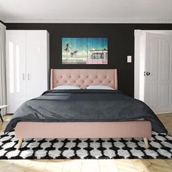 Novogratz Her Majesty Upholstered Linen Bed, Tufted Wingback Design and Wooden Legs, Queen Size - Pink Linen  $199