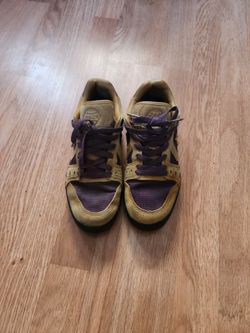 Tan and Purple Suede Low-Top Converse Sneakers