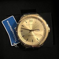 Techno Marine Moon Sun Gold Dial Leather Strap Watch Men New
