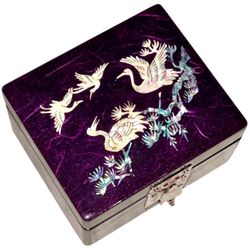 Crane Design Pair’s of Crane Mother Of Pearl Inlay on Purple Lacquer Trinket Box