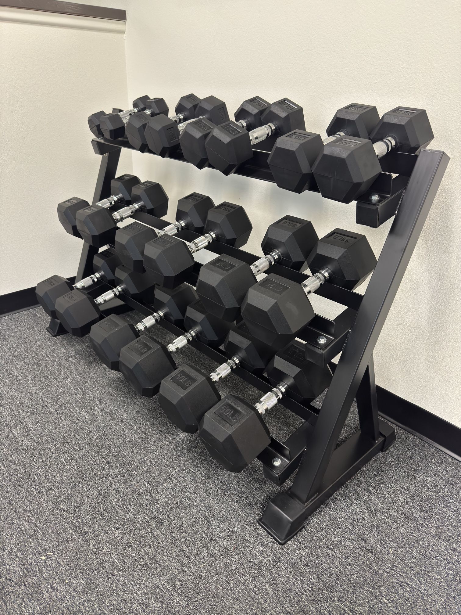 Rubber Hex Dumbbells Set 5-50LB + Rack – Quality Gym Equipment