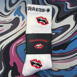 White Chrome Hearts Socks With Red Lips