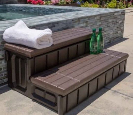 Universal 2 Slip-Resistant Spa & Hot Tub Step Outdoor Indoor Compartment Spa Step with Storage, Brown/Black