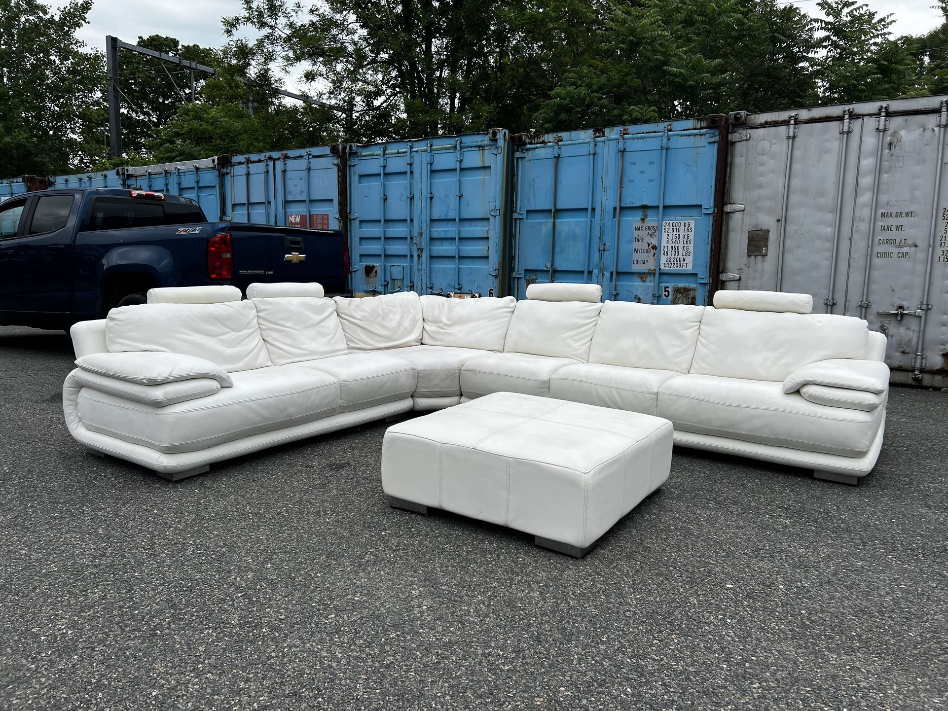 Italian Leather Sectional Couch & Ottoman - Mid Century Modern