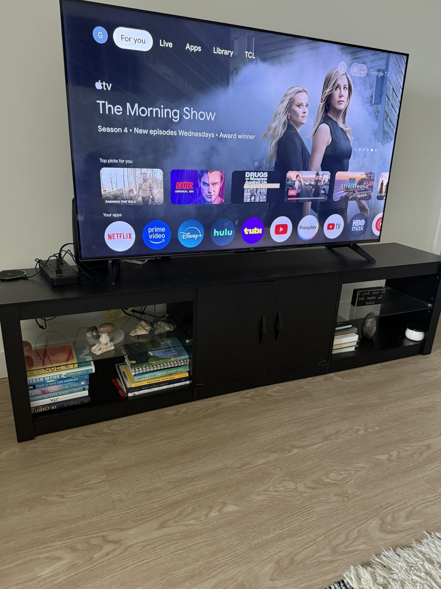 Black TV stand with shelves