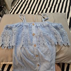 New. No Boundaries. Size X-Small. Light Blue. Spaghetti,  Crochet Off The Shoulder, Faux Buttons Down The Front.
