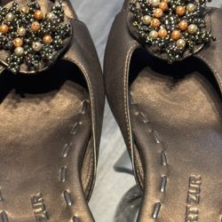 Robert Zur Carousel Brown Leather Slide Sandal 5829 Bead and Stitch Detail