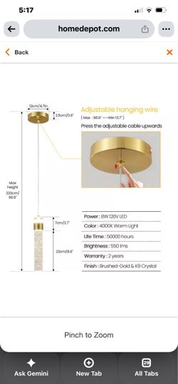 Gold Crystal LED Pendant Light – 8W Integrated LED – Adjustable Hanging – NEW/Open Box