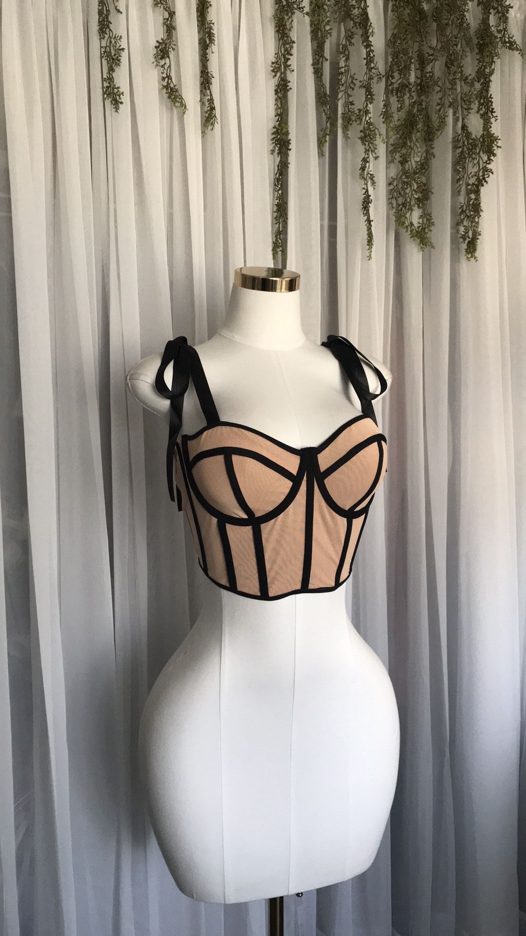 Nude Underwire Corset Crop Top With Black Trim Size XL