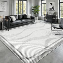 6x9 Washable Non-Slip Low Pile Soft Area Rug, Modern Geometric Gray/White, NEW