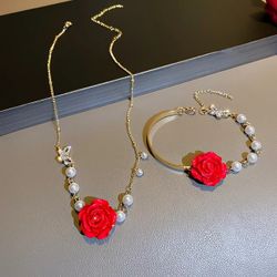 Beautiful Trendy Crystal Butterfly Red Rose Flower Bracelet And Necklace 