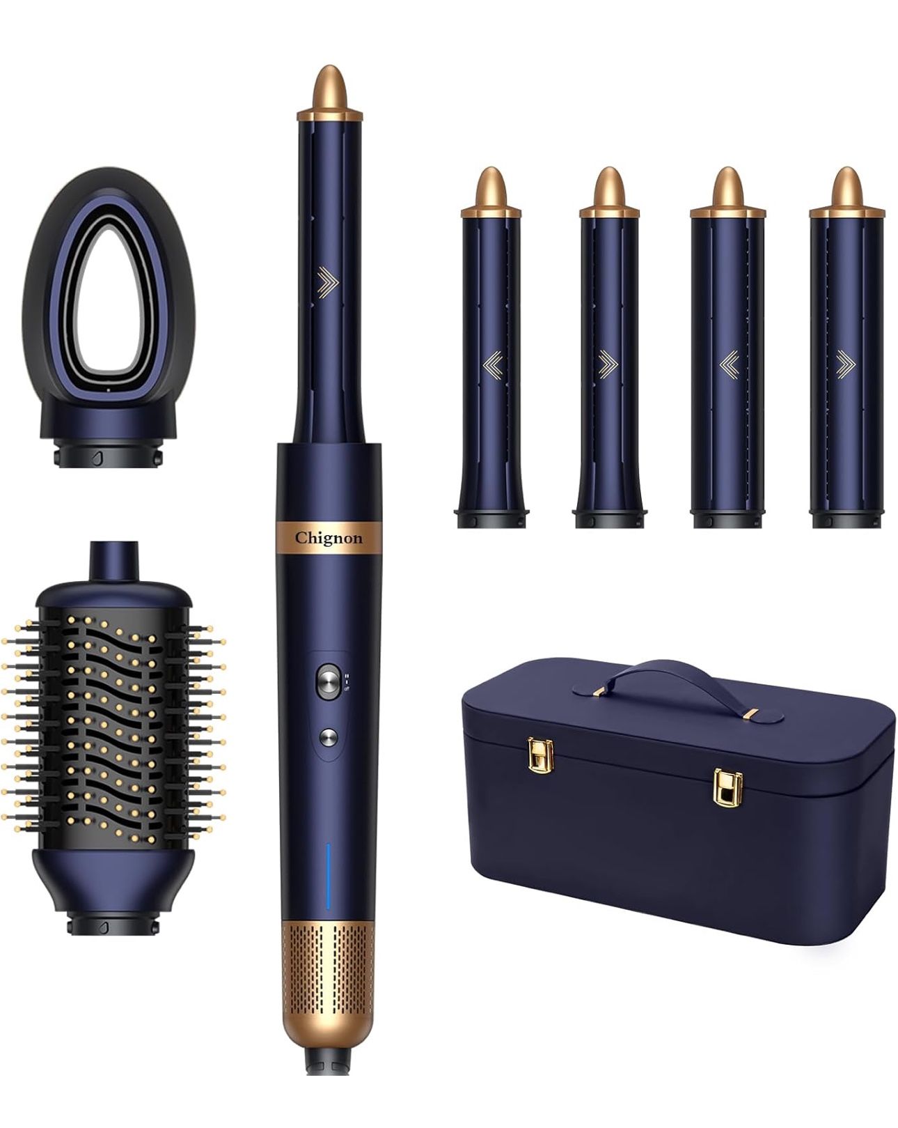 Chignon Hair Dryer Brush, 6 in 1 Hot Air Brush with Auto Air-Wrap Curlers, High-Speed Negative Ionic Hair Dryer and Hair Curling Wand Set (Blue, Ceram