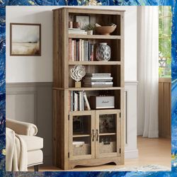 Rustic 73" Tall Natural Wood 6-Tier Bookcase With Cabinets and Adjustable Shelves. New, in box,