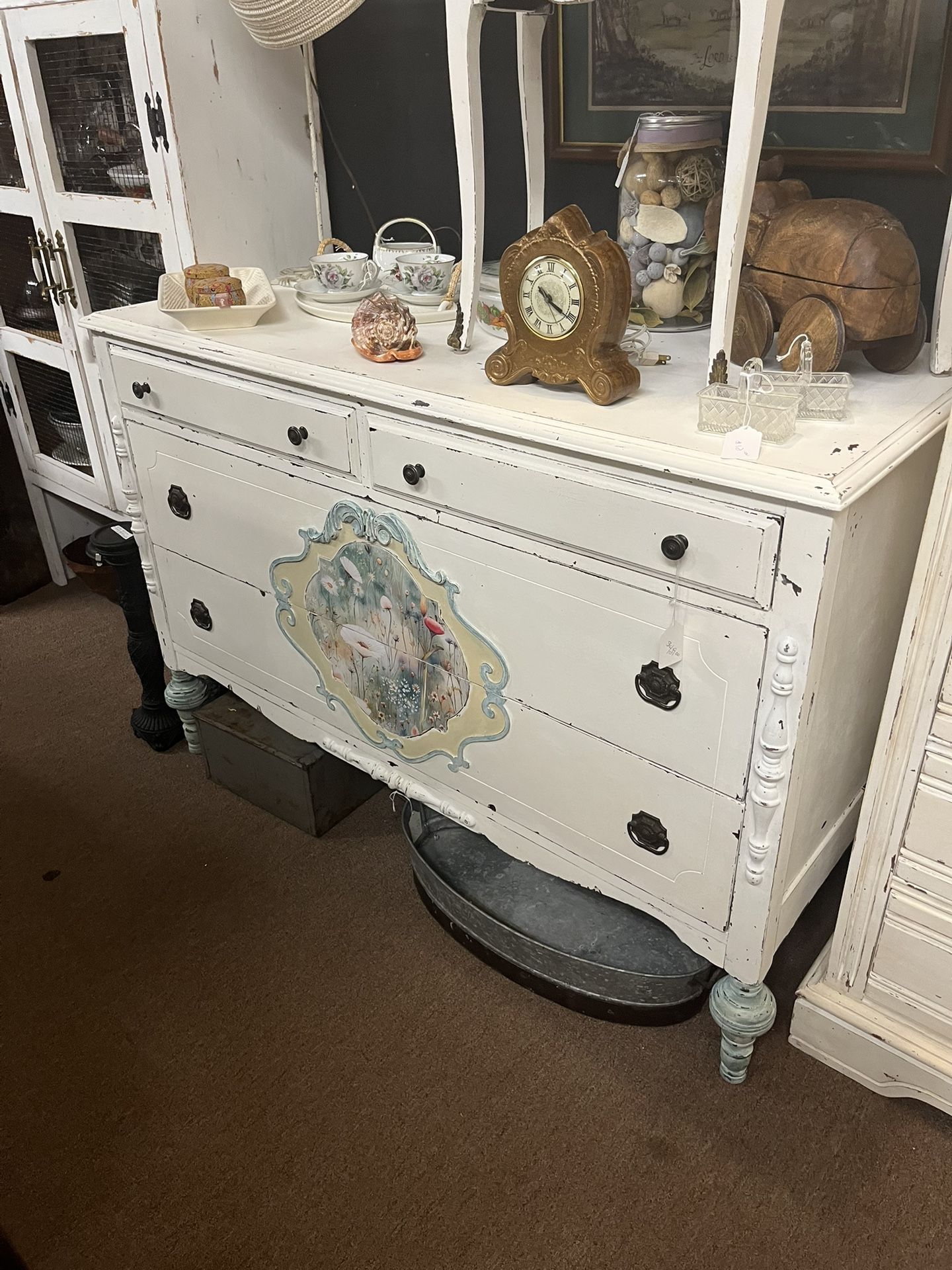 Long Vintage Painted Dresser w/ Flowers