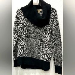 NWT NEW Michael Kors Pullover Sweater Drop Cowl Snow Black Animal Leopard XL