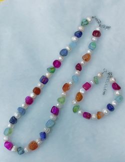Pearl and agate raw stone set 10mm stone set 10mm size natural stone necklace and bracelet Price-30$ for each set