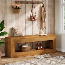 47" Farmhouse Entryway Bench, Solid Wood Indoor Bench Seat With Storage Light Brown