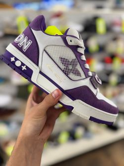 LOUIS VUITTON LV TRAINER MONOGRAM STRAP (PURPLE, WHITE) SNEAKERS SIZE 8 USED ENTRUPY VERIFIED
