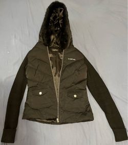 Vintage Bebe Y2K Satin Puffer Jacket with Faux Fur Trim Hood Medium 10-12