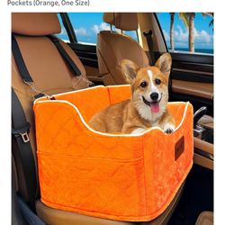 Dog Car Seat for Small Medium Dogs, Detachable Washable Dogs Booster Seat Under 35lbs, Elevated Dog Car Bed with Storage Pockets (Orange, One Size)