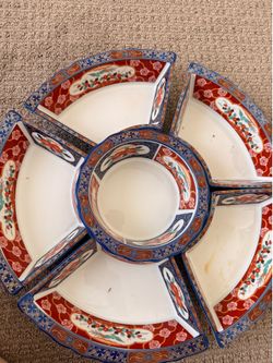 Vintage Kotobuki Japan Porcelain Divided Serving Platter with Center Dip Bowl & Lazy Susan