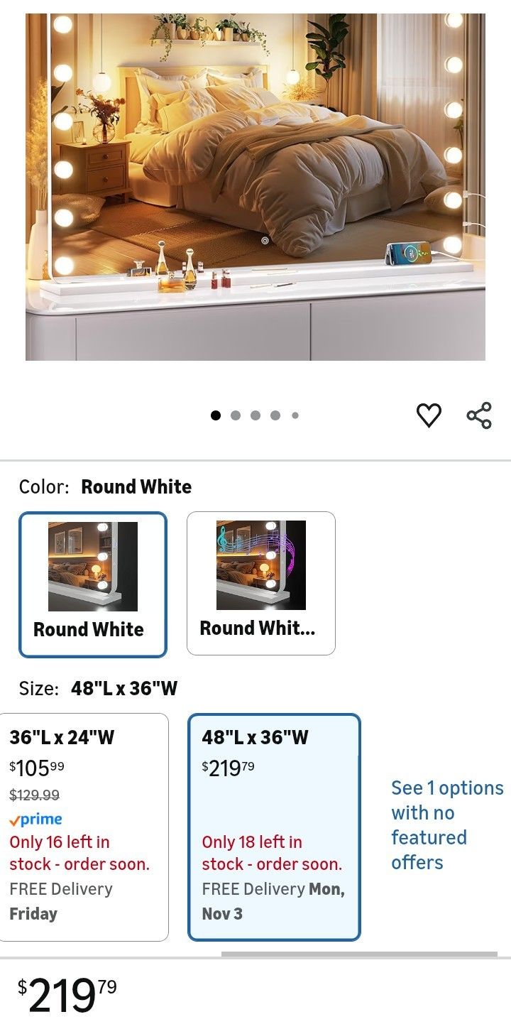 48''X36'' Hollywood Vanity Mirror with Lights, Rounded Rectangle White Frame, 3 Color Lighting Modes & Stepless Dimming, USB & Type-C Charging Port, W