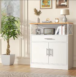 Kitchen Buffet Cabinet with Adjustable Shelf, Modern Kitchen Storage Cabinet,Farmhouse Coffee Bar Cabine, White,  NEW