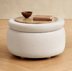 0903-Luna Round Ottoman with Storage and Tray, Round Coffee Table with Storage, Upholstered Foot Stools Ottoman for Living Room, Bedroom, with Solid R