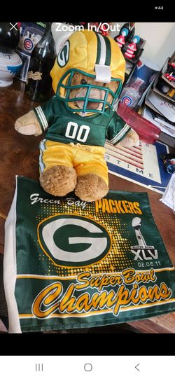 NFL, Green Bay Packers 16” Plush, B-A-B, Teddy w/Full Uniform & Super Bowl XLV Champions flag, firm.