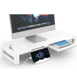 Monitor Stand Riser, Foldable Computer Monitor Stand for Desk with USB 3.0 and Charging Prot, Laptop & Monitor Riser for Desk with Storage Drawer and 