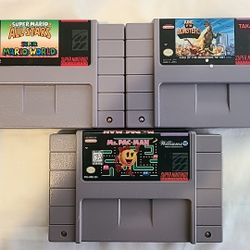 Lot Of 3 SNES games Super Mario All Stars + Super Mario World, King Of The Monsters, And Ms. Pac-Man. Super Nintendo Video Games