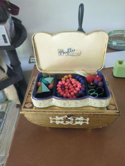 Antique Wooden Music Box  plus Costume Jewelry and Case