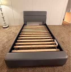 Gray Faux Leather Full Bed Frame with Wood Slats — Sturdy and Functional