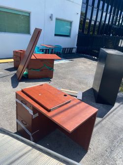 Cherry Wood Desk with Drawers and Conference Table w Seating